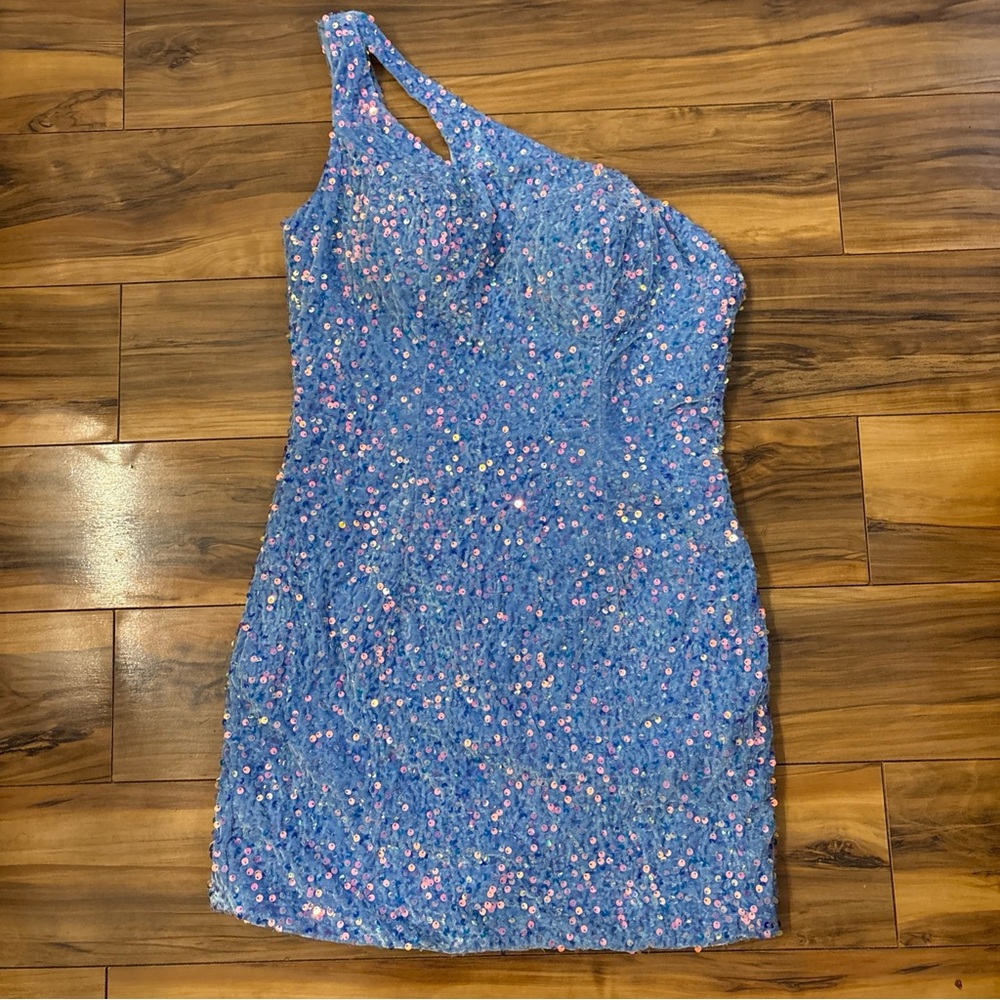 Chic One-Shoulder Blue Sequin Dress